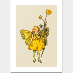 Cute Vintage Cottagecore Yellow Faerie Pixie With Buttercup And Butterfly Wings Posters and Art